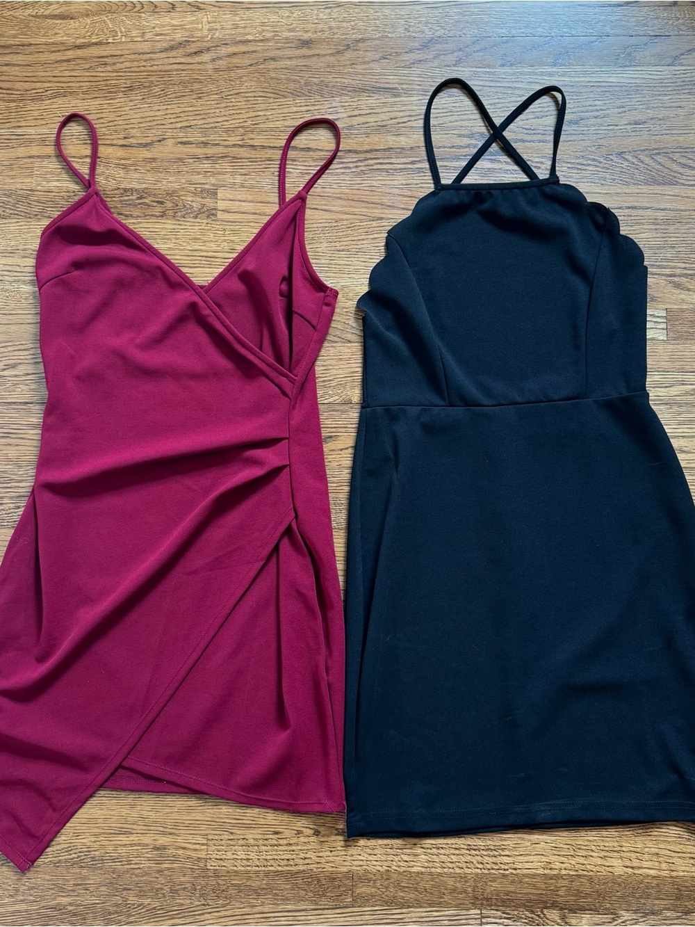 Dress Bundle - Burgundy Asymmetrical Wrap Style & Black Open Back Scalloped